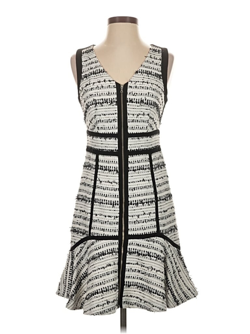 Rebecca Taylor Black and White Textured Zip-Front Fit-&-Flare Dress